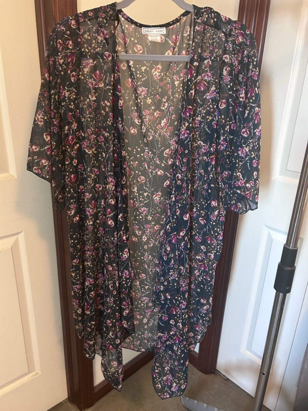 Emory Park Navy Sheer Floral Kimono with Purple and Cream Blooms